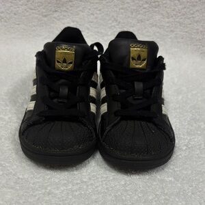 Adidas superstars Kids Black Sneakers with Gold Accents size 7